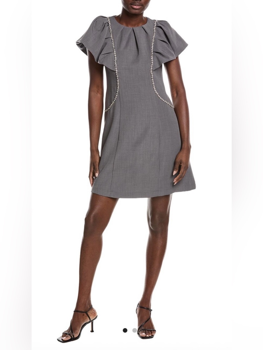 Gracia Gathered Neck Stone Work Ruffle Sleeve Sheath Dress In Gray